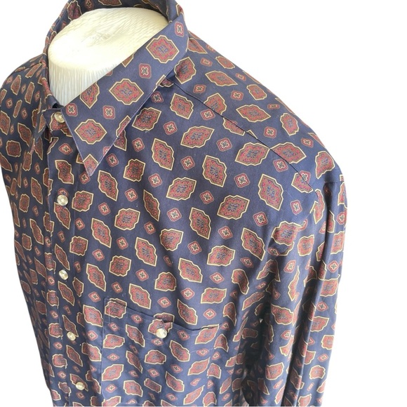 Paul Fredrick XL Button Down Shirt 100% Cotton Navy Blue Geometric Print - Picture 6 of 12